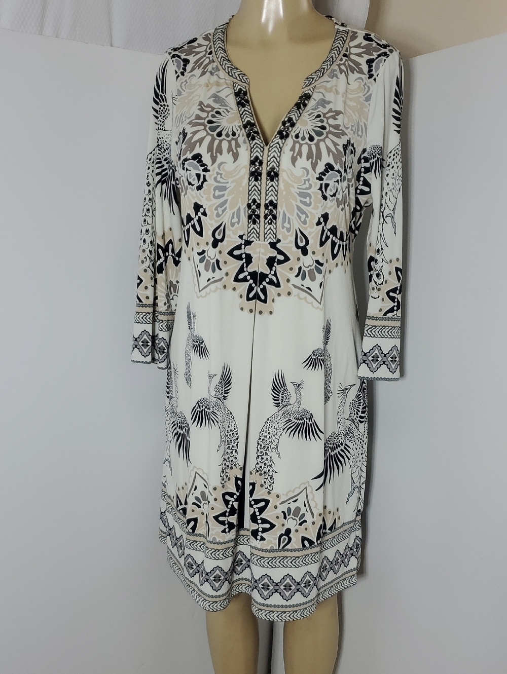 Hale Bob Ivory Printed Tunic Dress with Black & Taupe Bird Motif Suze L